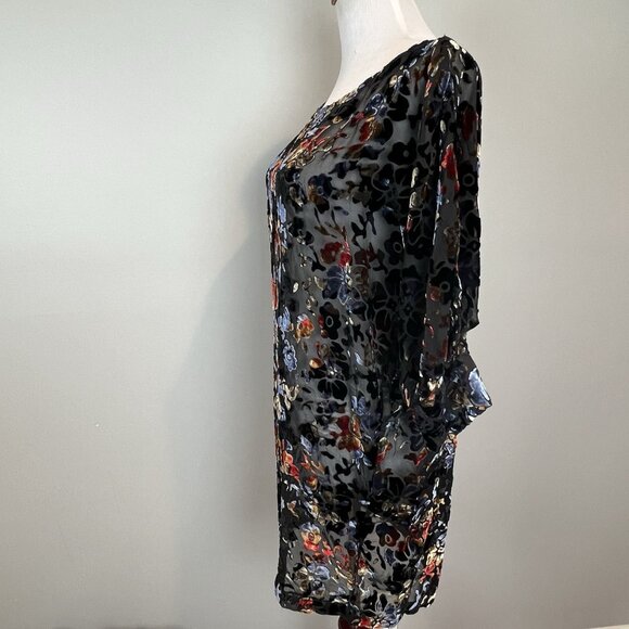 Winter Kate Velvet Burnout Tunic Dress Size Small Sheer Black Navy No Belt - Picture 4 of 11